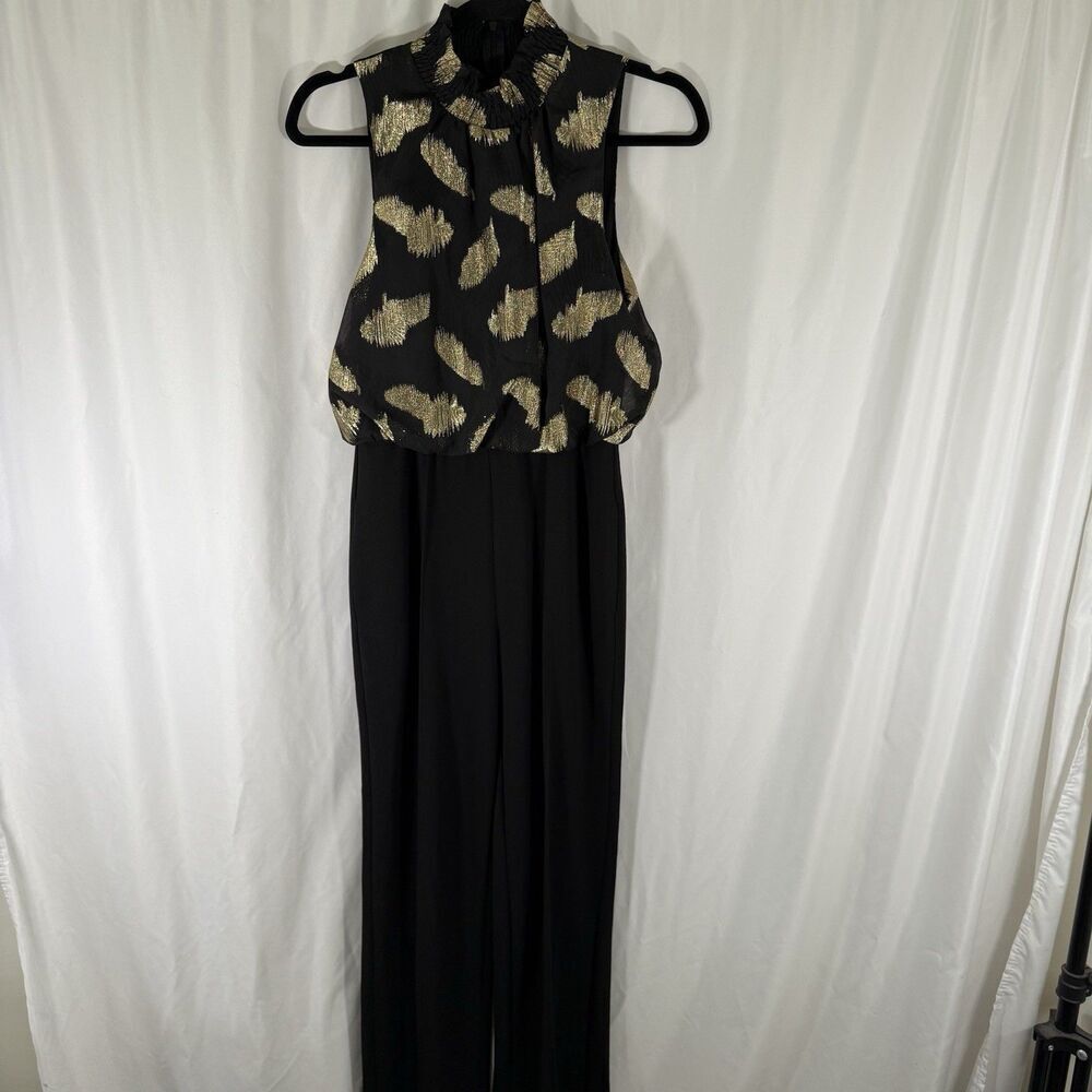 Donna Morgan Jumpsuit Womens 4 Black Gold Metallic Sleeveless High Neck Zip Back